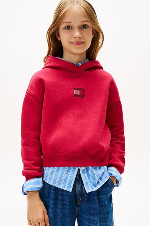 Kız Çocuk Rahat Kalıp Taşlı Amblemli Kapüşonlu Sweatshirt - Kırmızı 