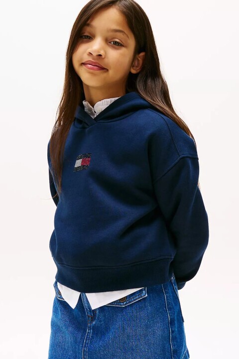 Kız Çocuk Rahat Kalıp Taşlı Amblemli Kapüşonlu Sweatshirt - Lacivert 