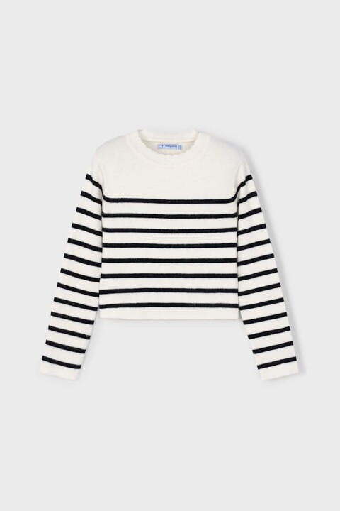 Kız Çocuk Regular Fit Çizgili Crop Kazak - Krem/Siyah 