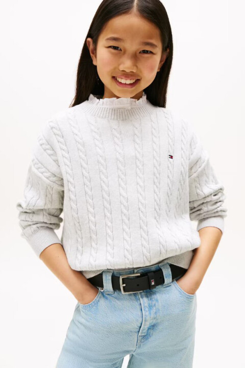 Kız Çocuk Regular Fit Fırfır Yakalı Saç Örgüsü Desenli Triko Kazak - Gri 