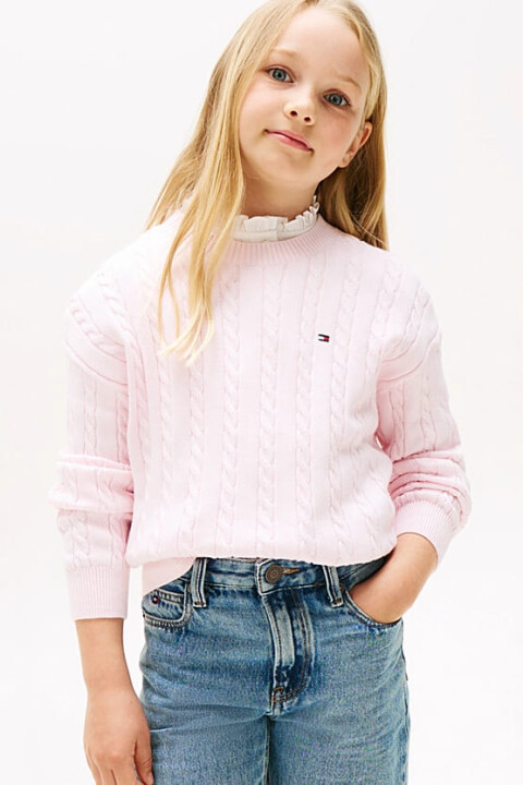 Kız Çocuk Relaxed Fit Saç Örgüsü Desenli Triko Kazak - Pembe 