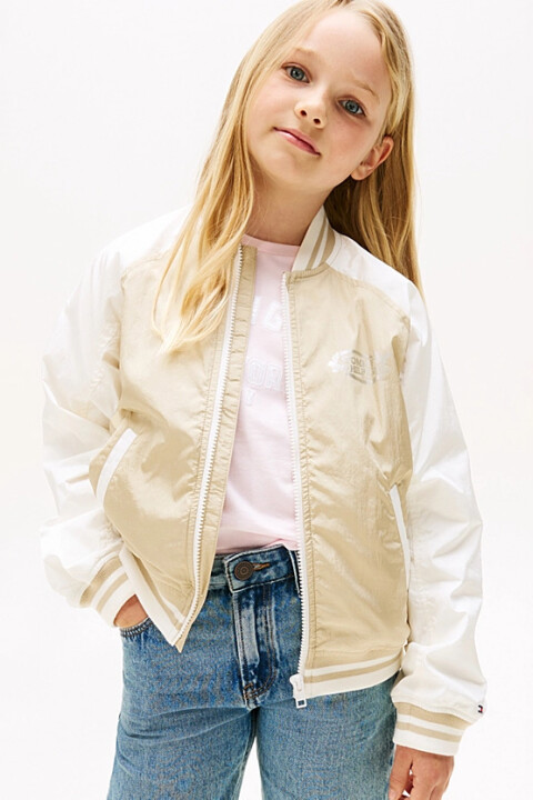 Kız Çocuk Renk Bloklu Kolej Yaka Bomber Ceket - Bej 
