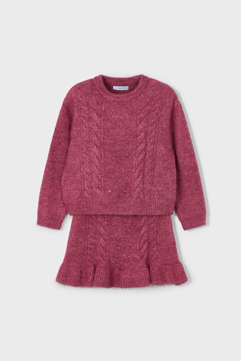 Kız Çocuk Saç Örgüsü Desenli Etekli Triko Takım - Vişne 