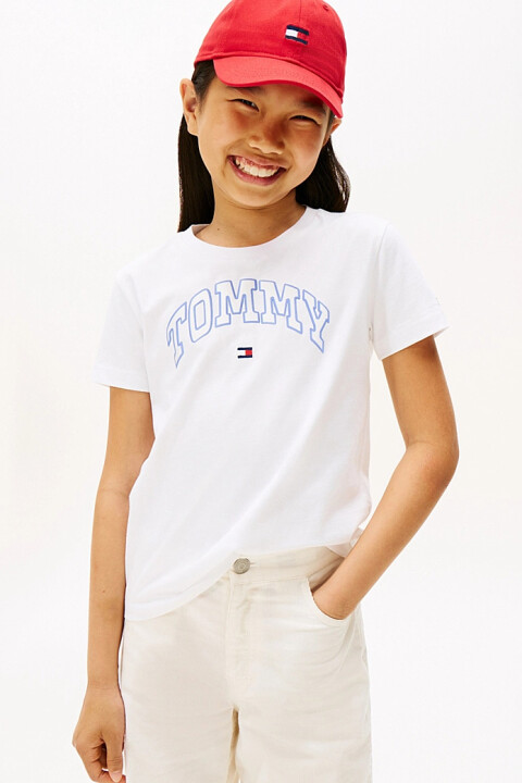 Kız Çocuk Saten Aplikeli Kolej Stili T-Shirt - Beyaz 