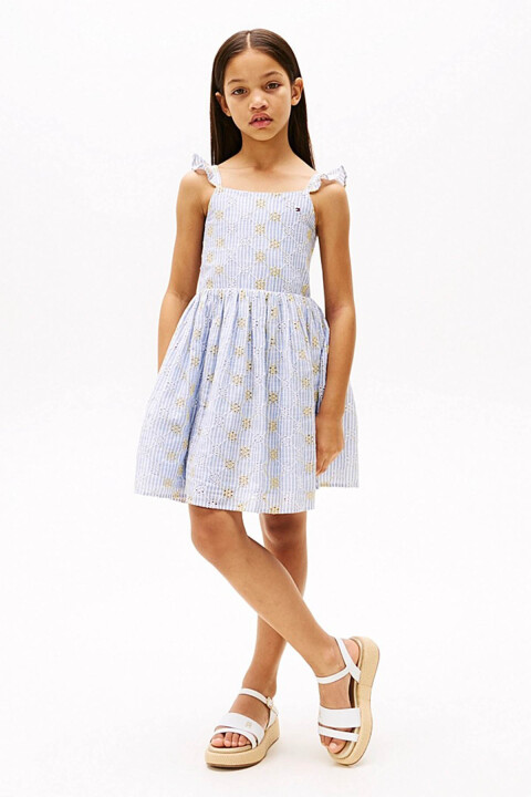 Kız Çocuk Şerit Broderie Anglaise Kolsuz Elbise - Mavi 