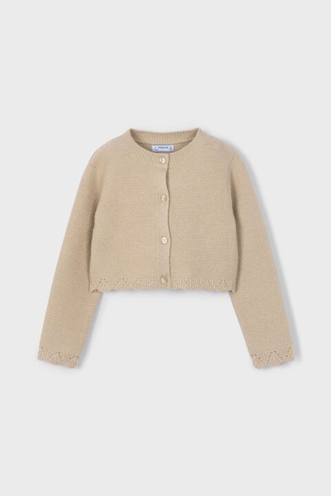 Kız Çocuk Simli Ajur Detaylı Kısa Triko Hırka - Bej 