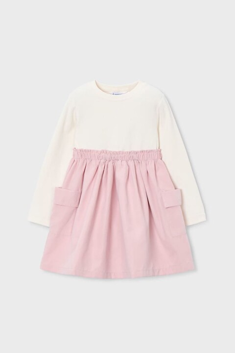 Kız Çocuk Standart Kalıp Kargo Cepli Kombin Görünümlü Elbise - Krem/Pembe 