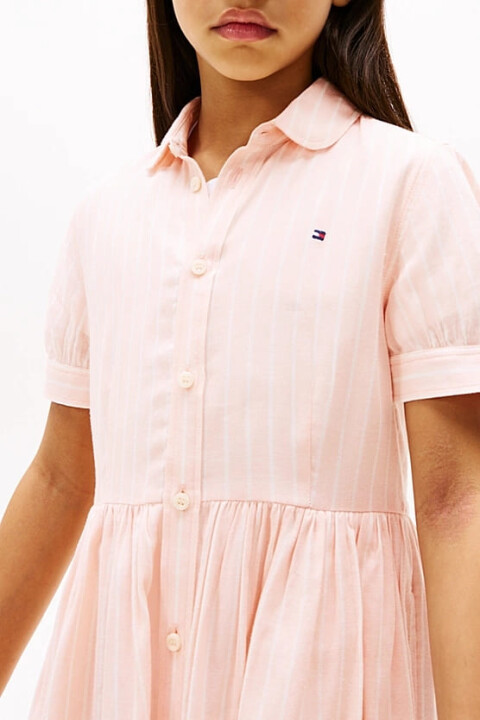 Kız Çocuk Th Çizgili Kısa Kollu Gömlek Elbise - Pudra 