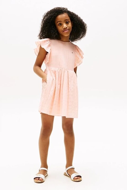 Kız Çocuk Th Dokulu Pamuklu Elbise - Pudra 
