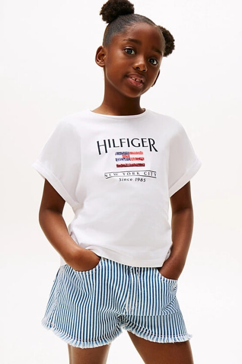 Kız Çocuk Th Hilfiger Sequin Pullu Bayrak T-Shirt - Beyaz 
