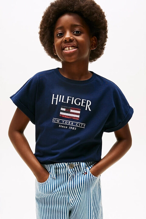 Kız Çocuk Th Hilfiger Sequin Pullu Bayrak T-Shirt - Lacivert 