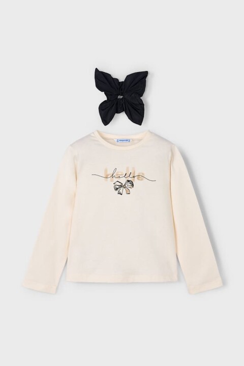 Kız Çocuk Tokalı Baskılı Uzun Kollu T-Shirt - Krem 