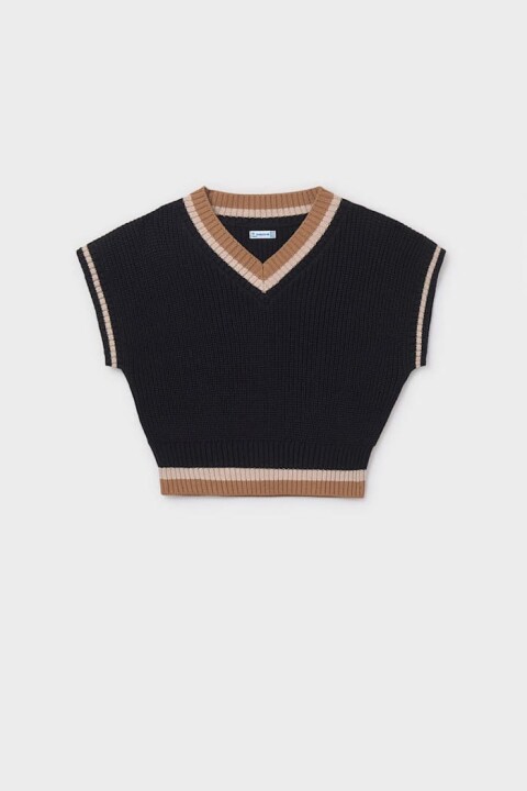 Kız Çocuk V Yaka Kontrast Şeritli Triko Süveter - Siyah 