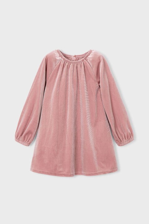 Kız Çocuk Yakası Büzgülü Kadife Elbise - Pudra Pembe 