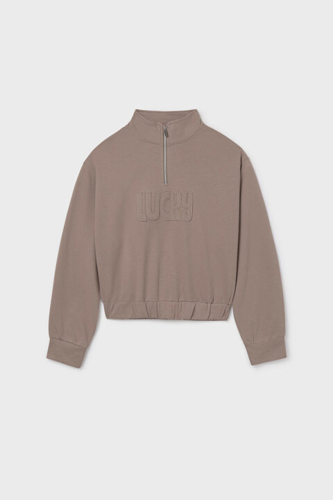 Kız Çocuk Yarım Fermuarlı Kabartma Yazılı Sweatshirt - Vizon 