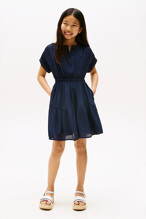 Kız Çocuk Yarım Patlı Beli Lastikli Elbise - Lacivert 