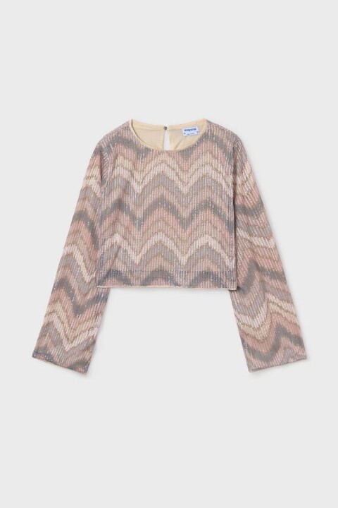 Kız Çocuk Zikzak Desenli İspanyol Kol Payetli Bluz - Pembe 