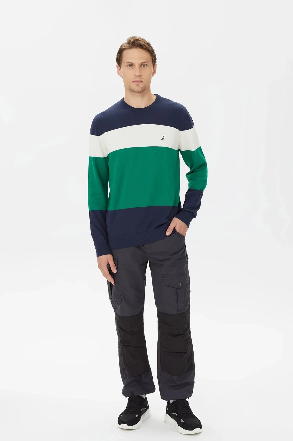 Erkek Standart Fit Renk Bloklu Uzun Kollu Triko - Yeşil 