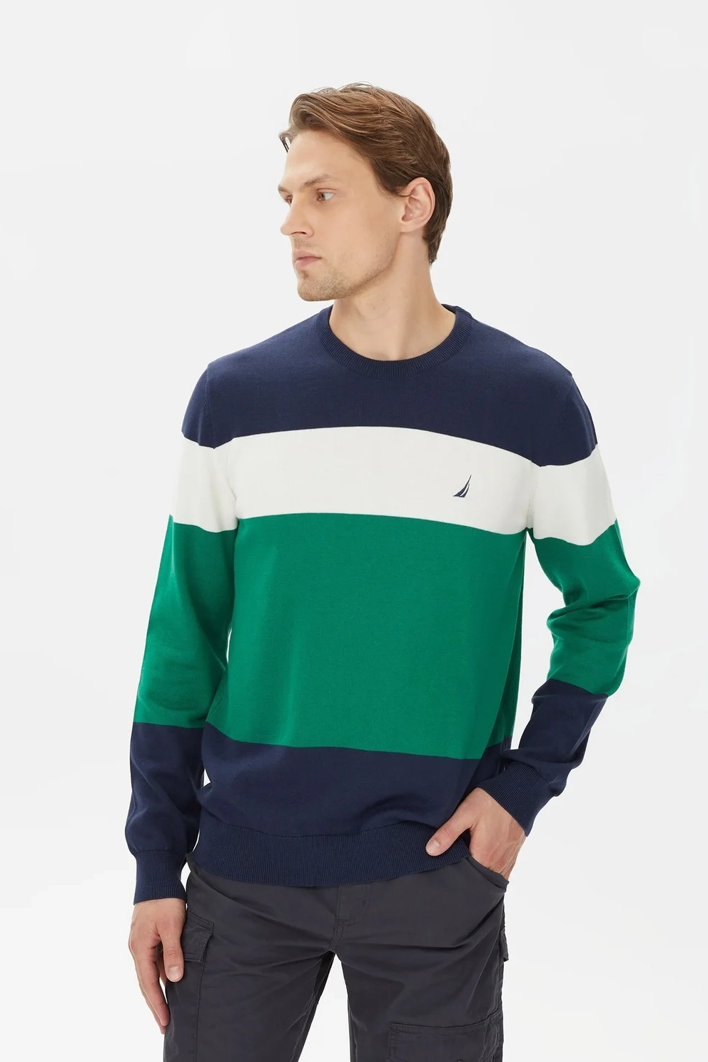 Erkek Standart Fit Uzun Kollu Renk Bloklu Triko - Lacivert 