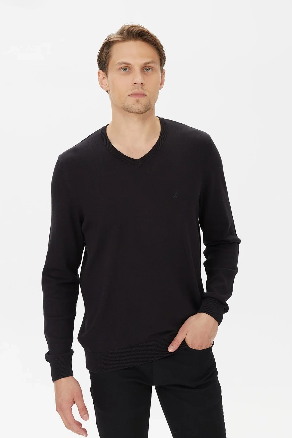 Erkek Standart Fit V Yaka Uzun Kollu Triko - Siyah 