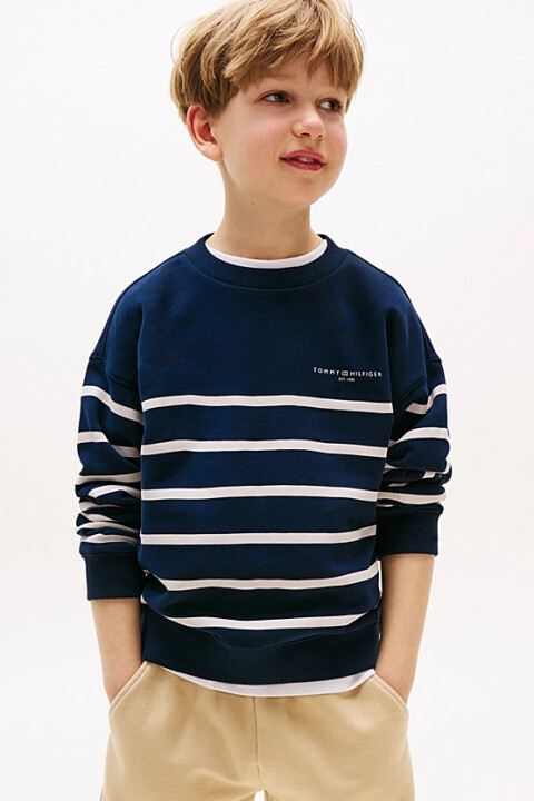 Unisex Çocuk Çizgili ve Logo Nakışlı Sweatshirt - Lacivert/Beyaz 