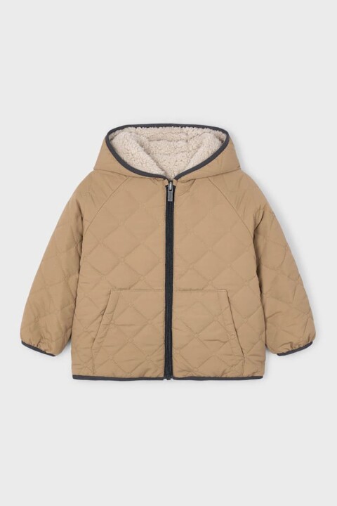 Unisex Çocuk Kapüşonlu Çift Taraflı Pelüş ve Kapitoneli Mont - Karamel/Bej 